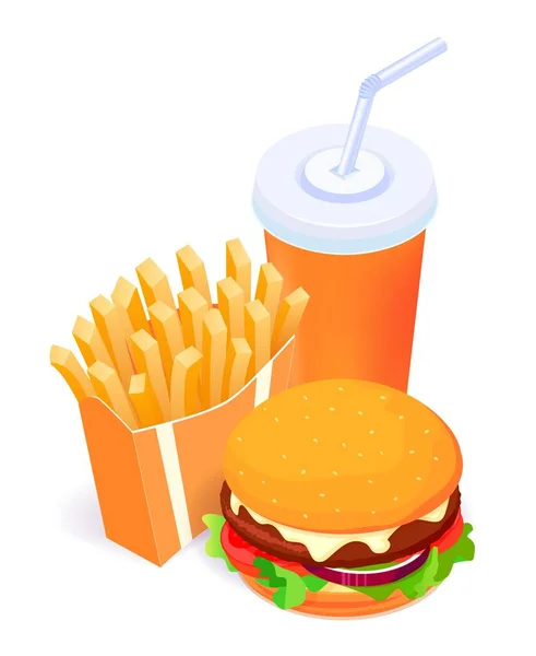 Ilustração vetorial de alimentos isométricos - hambúrguer, batatas fritas e cola isolada sobre fundo branco — Vetor de Stock
