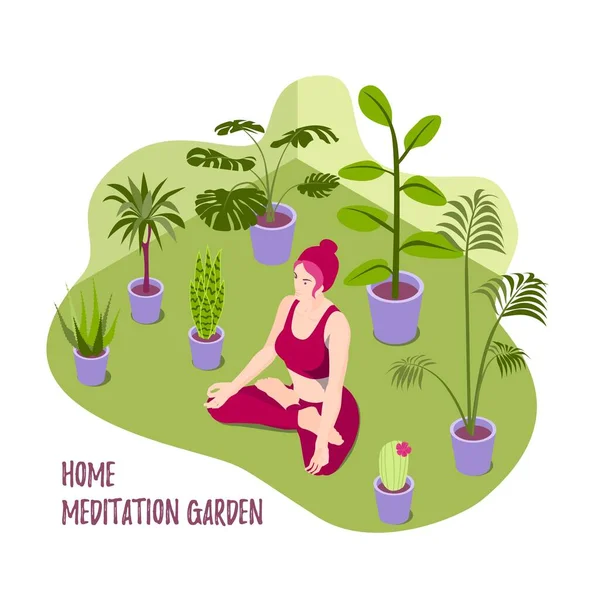 Isometrische Vektorillustration eines Yoga-Mädchens, das zu Hause meditiert, umgeben von Topfpflanzen — Stockvektor
