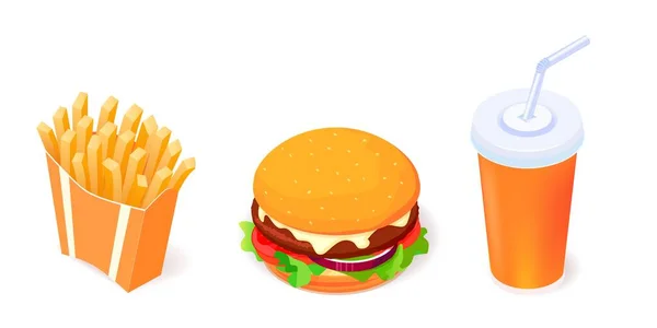Conjunto de objetos de comida vetor iconos hamburguesa, cola y papas fritas en blanco — Vector de stock