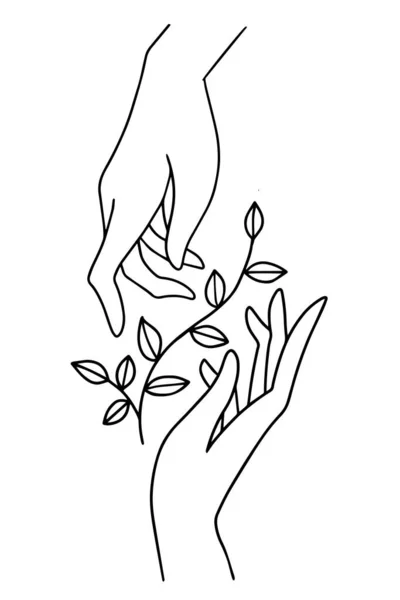 Dwie ręce trzymające, roślina kwiatowa z liśćmi. Boho ilustracja w prostym płaskim stylu linii izolowane na białym tle. Koncepcja opieki ekologicznej — Wektor stockowy