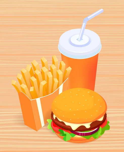 Vector illustration of isometric food - burger, French fries and cola on wooden table — Stockový vektor