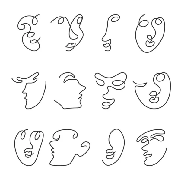 Set of vector illustrations of human faces continous line — Stock vektor