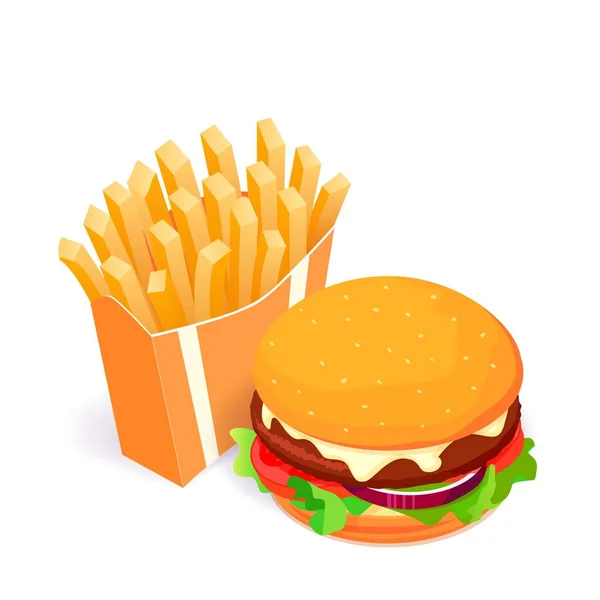 Papas fritas y hamburguesa ilustración vector isométrico. Concepto de comida rápida — Archivo Imágenes Vectoriales