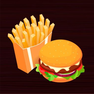 Isometric vector illustration on dark wood background French fries and cola. Fast food concept