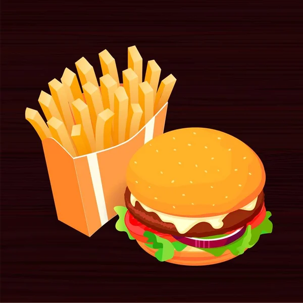 Ilustración isométrica vectorial sobre fondo de madera oscura Papas fritas y cola. Concepto de comida rápida — Vector de stock