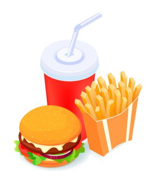 Isometric vektör illüstrasyon patates kızartması ve kola. Fast food konsepti