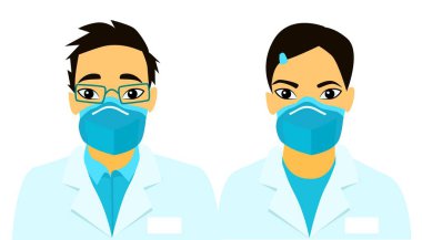 COVID 19. Asian doctors. medical masks on people s faces. infection. air pollution. novel coronavirus 2019. Vector illustration of an outbreak of Wuhan concept. MERS Cov. health care. eps 10