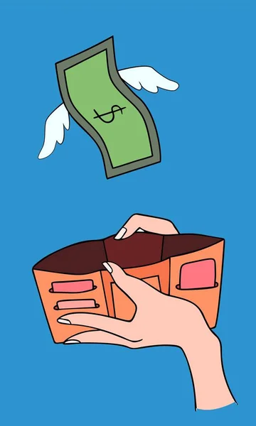 双翼带着钱包从手上飞走的美元。亏本，超支，破产。手绘风格的矢量插图 — 图库矢量图片