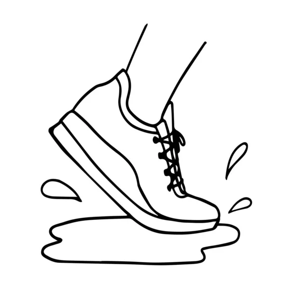 Trampki biegną przez kałużę. Ilustracja wektora, koncept uruchomiony, wodoodporny but — Wektor stockowy