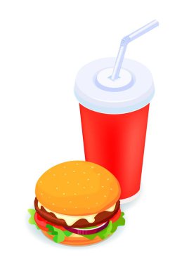 Burger ve soda izometrik olarak beyaz üzerine üç boyutlu vektör simgesi çizilmiş. Yaratıcı tasarım fikri.