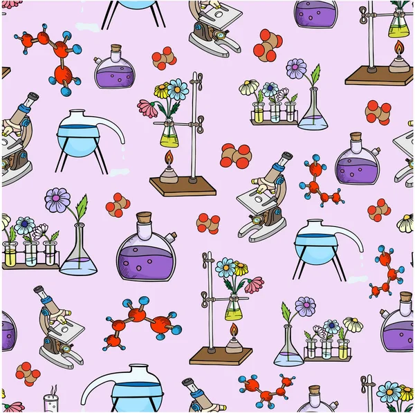 Patrón Laboratorio Ciencia Equipo Química Garabato Flores Molécula Color Fondo — Vector de stock