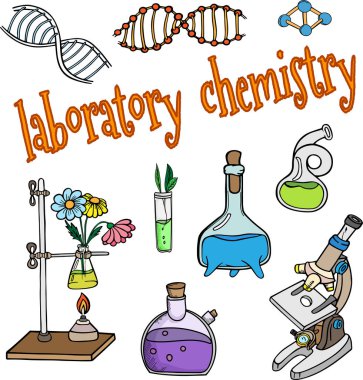 Kimyasal aletler sancak seti araştırma ekipmanları laboratuar molekülü bilim illüstrasyon vektörü duble