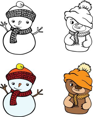 Renkli kardan adam ayı vektör ana hatları çizim Yeni yıl kış kış kitabı çizim