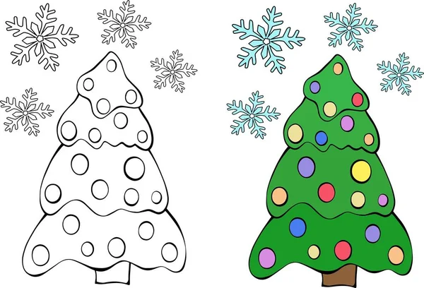 Arbre Noël Coloriage Page Avec Flocons Neige Nouvelle Année Vacances — Image vectorielle