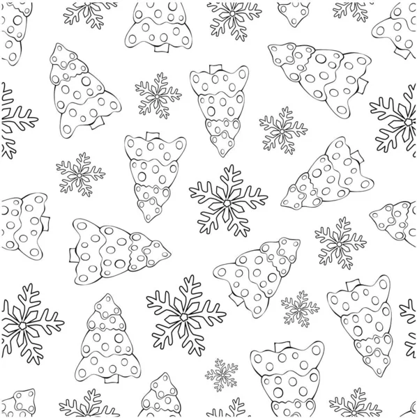 Patroon Naadloze Kerstboom Met Sneeuwvlokken Monochrome Achtergrond Illustratie Vector Doodle — Stockvector