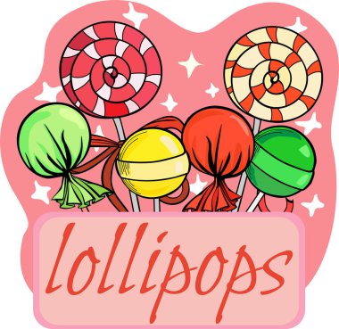 Şeker lolipopları karamel pankart etiketleri vektör karalamaları renkli illüstrasyon tatlıları