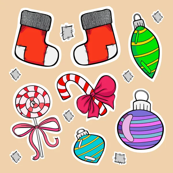 Set Stickers Christmas Decor Candy Toys Vector Banner Postcard Colored — Stock Vector