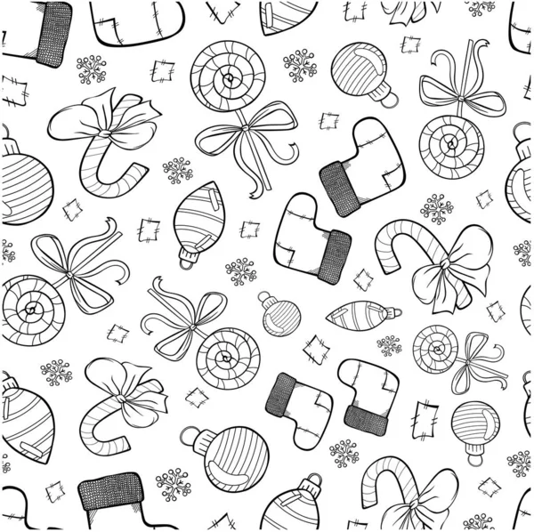 Muster Weihnachten Elemente Süßigkeiten Schneeflocken Dekoration Vektor Doodle Monochrom Strich — Stockvektor