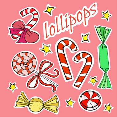 Afiş etiketleri lolipoplar şekerler renkli vektör çizimleri