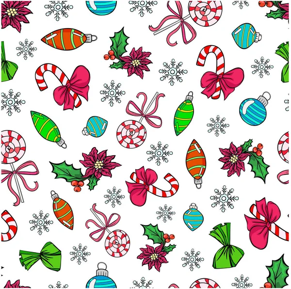 Patroon Nieuwjaar Elementen Gekleurd Snoep Kerst Decoraties Vector Sneeuwvlokken Illustratie — Stockvector