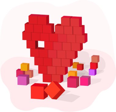 Kırmızı küplü kalp, tebrik kartı, sevgililer günü aşk vektörü, renkli baskı gölgeleri.