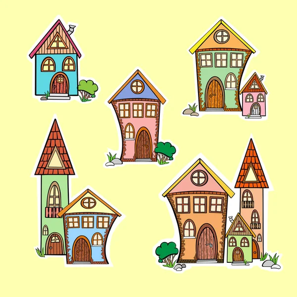 set stickers home homes architecture room brick stone castles colored childrens vector banner print doodle on yellow background