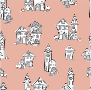 Siyah ve beyaz ev, renkli arka plan çocuklarının mimari ev vektörü ana hatları çizim şebekesi üzerine kusursuz desen.