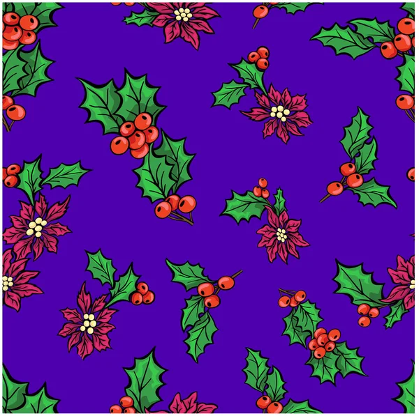 Patroon Met Kerst Bloem Poinsettia Bessen Met Groene Bladeren Vector — Stockvector