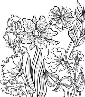 Kitap boyama kitabı çiçek vektörü stres karşıtı sayfa taslağı çizim eskizi siyah-beyaz izole kartpostal doğa bitkileri
