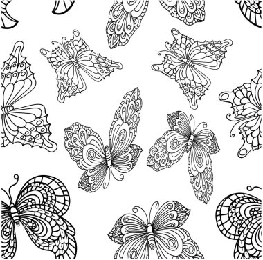 Kelebek desenli çizim çizgisi beyaz arka plan duvar kağıdı vektör karalama üzerine tek renkli çizim