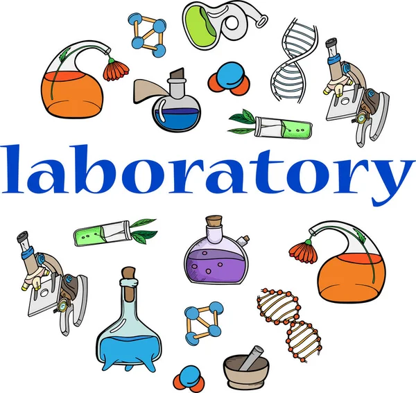 Banner Laboratorium Chemia Sprzęt Badawczy Karta Plakat Wektor Kolorowe Doodle — Wektor stockowy