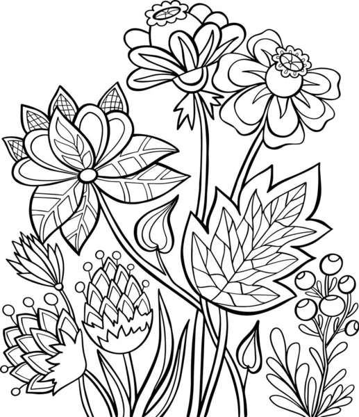 Kniha Zbarvení Strana Květiny Příroda Bobule Grafický Obrys Černá Bílá — Stockový vektor