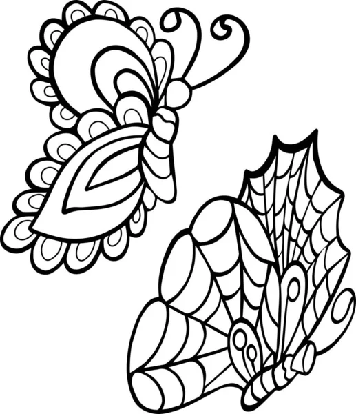Zwei Schmetterlinge Stress Malbuch Fliegen Isolieren Hintergrund Schwarz Weiß Abbildung — Stockvektor