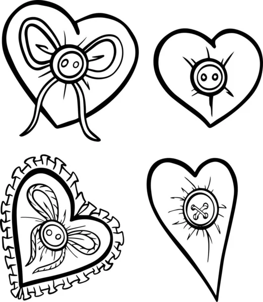 Corazones Decorativo Contorno Negro Bidés Monocromo Con Botones Día San — Vector de stock