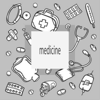 banner medical elements black and white hospital pharmacy poster pills objects vector doodle illustration
