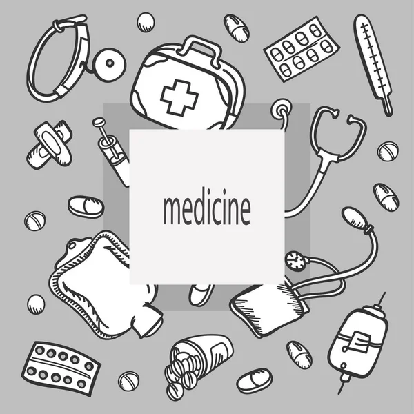 Banner Medical Elements Black White Hospital Pharmacy Poster Pills Objects — Stock vektor