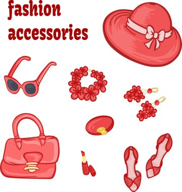 fashion accessories set of red elements female items handbag hat decoration vector illustration
