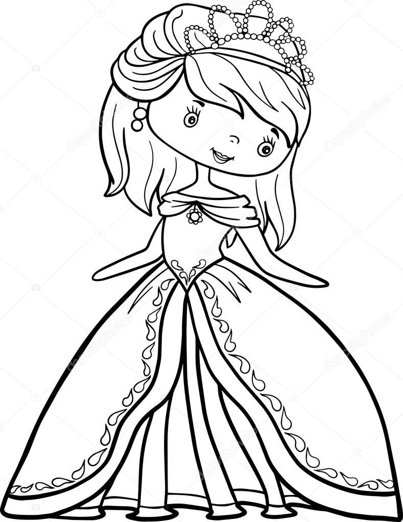 girl princess coloring book outline stroke illustration baby cute character vector page queen crown fairy tale