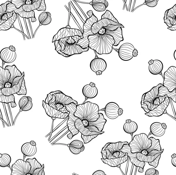 pattern poppies flowers outline stroke seamless wallpaper illustration black and white vector print nature grass sketch