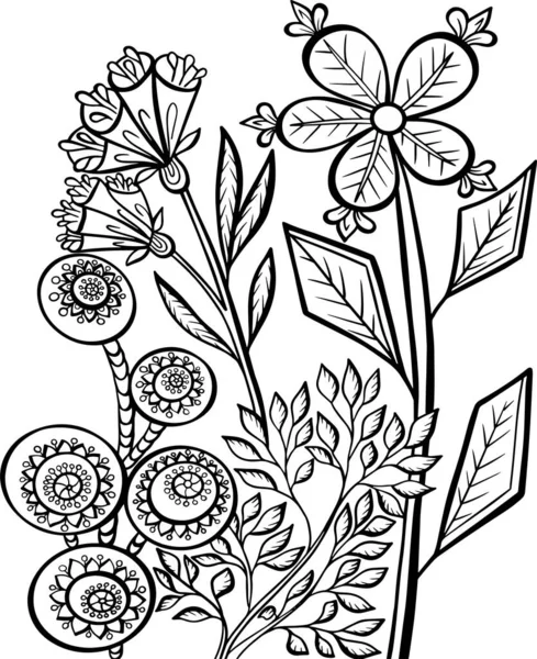 Illust Storien Colorier Livre Fleurs Étonnantes Plantes Herbe Contour Course — Image vectorielle