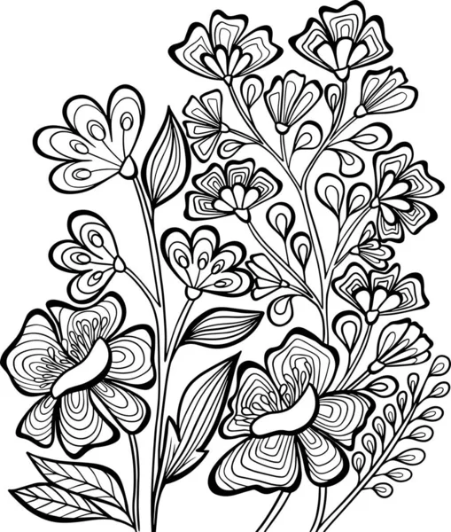 Livre Colorier Fleurs Plantes Herbes Contour Course Vecteur Stress Illustration — Image vectorielle