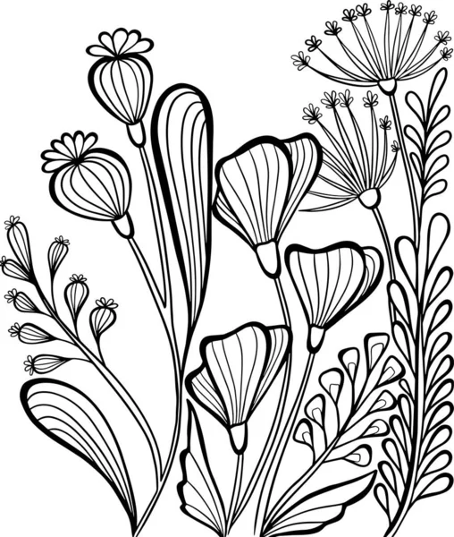 Coloriage Livre Fleurs Plantes Herbes Contour Course Vecteur Page Stress — Image vectorielle