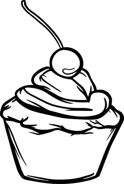 Cupcake Krém Cseresznye Desszert Élvezet Vektor Illusztráció Izolátum Körvonalazódik Édesség — Stock Vector