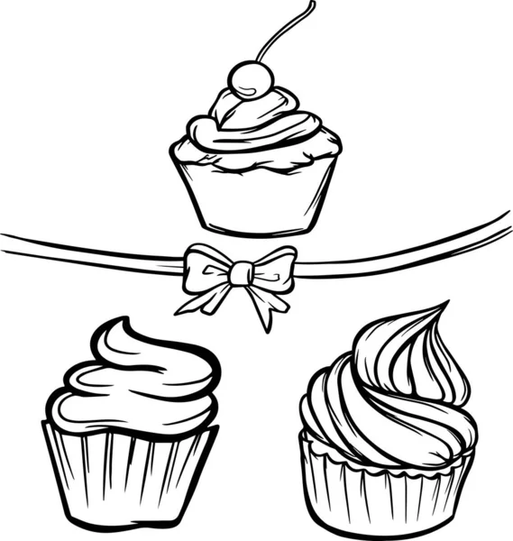 Conjunto Cupcakes Com Sobremesa Creme Gostoso Vetor Ilustração Isolar Delinear — Vetor de Stock
