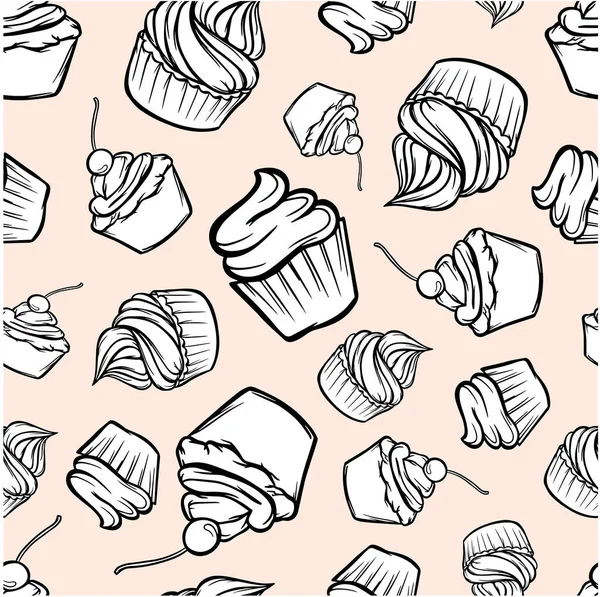 Seamless Pattern Cupcakes Black White Confectioner Textile Print Background Sweets — Stock Vector