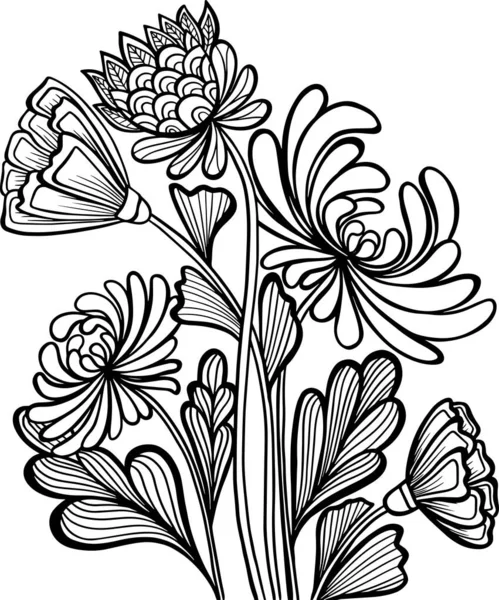 Colorear Flores Estrés Inusual Ramo Naturaleza Plantas Ornamento Ilustración Contorno — Vector de stock
