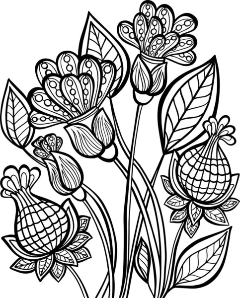 Flores Cuadro Para Colorear Libro Estrés Fantasía Exótica Ramo Decorativo — Vector de stock