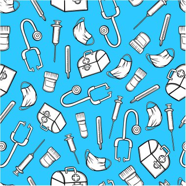 Örnek tıbbi ekipman unsurları farmaske termometre hapları hastane doktoru vektörü kusursuz arkaplan çizimi dokusu ana hatları