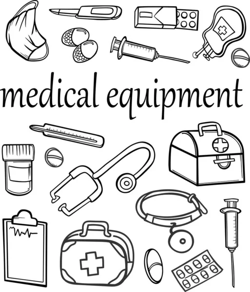 Equipo Conjunto Banner Gráficos Médicos Objetos Tratamiento Médico Píldoras Estetoscopio — Archivo Imágenes Vectoriales