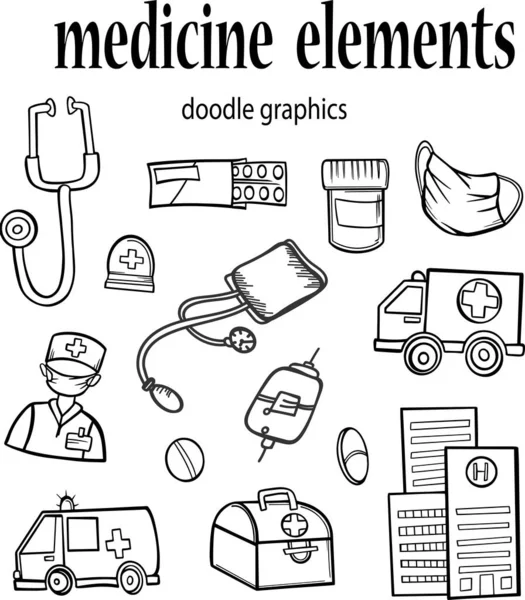 Conjunto Elementos Medicina Doodle Gráficos Itens Tratamento Médico Pílulas Hospital —  Vetores de Stock